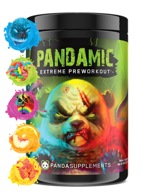 Container of Pandamic Extreme Preworkout by Panda Supps with a colorful and vibrant design featuring a character and various energy boosters.