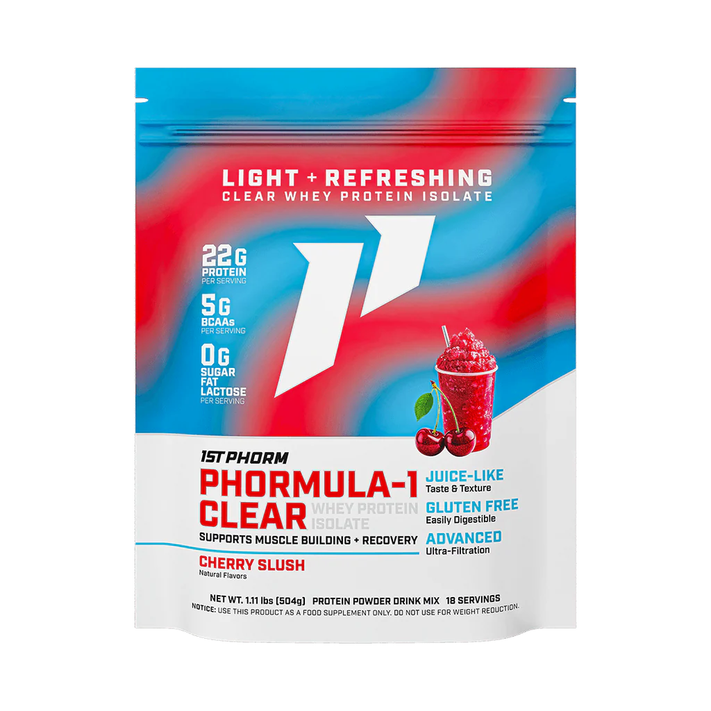 1st Phorm Formula-1 Clear protein powder package with cherry slush flavor on a white background