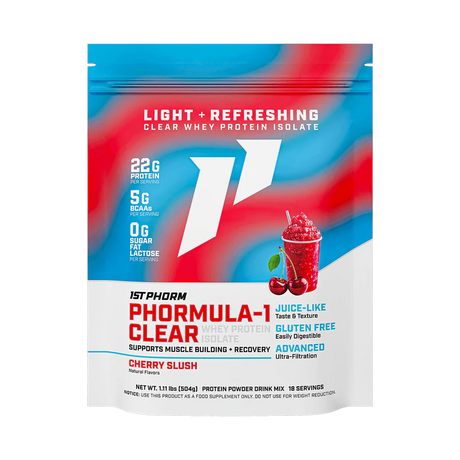 1st Phorm Formula-1 Clear protein powder package with cherry slush flavor on a white background