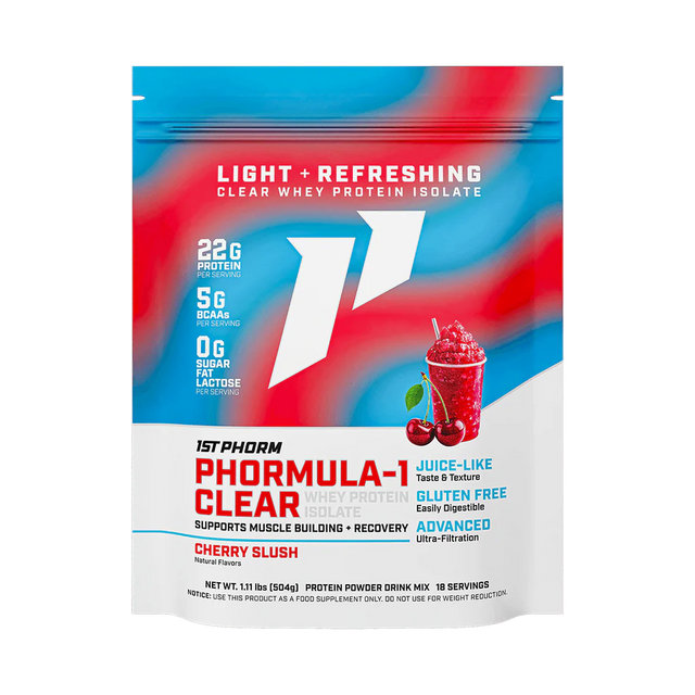 1st Phorm Formula-1 Clear protein powder package with cherry slush flavor on a white background