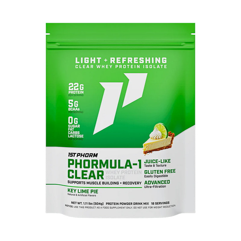 A Green and white package of Phormula-1 Clear Whey Protein Isolate by 1StPhorm, with a key lime pie flavor, highlighting its features such as being clear, having 22g of protein, being gluten-free, lactose-free, and having no carbs, fat, or sugar.