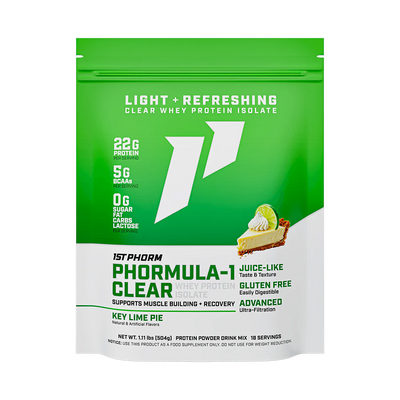 A Green and white package of Phormula-1 Clear Whey Protein Isolate by 1StPhorm, with a key lime pie flavor, highlighting its features such as being clear, having 22g of protein, being gluten-free, lactose-free, and having no carbs, fat, or sugar.
