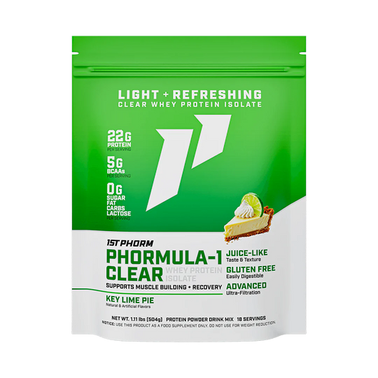 A Green and white package of Phormula-1 Clear Whey Protein Isolate by 1StPhorm, with a key lime pie flavor, highlighting its features such as being clear, having 22g of protein, being gluten-free, lactose-free, and having no carbs, fat, or sugar.