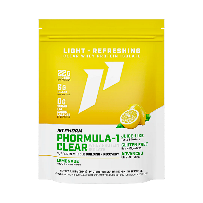 A yello and white package of Phormula-1 Clear Whey Protein Isolate by 1StPhorm, with a lemonade flavor, highlighting its features such as being clear, having 22g of protein, being gluten-free, lactose-free, and having no carbs, fat, or sugar.