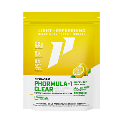 A yello and white package of Phormula-1 Clear Whey Protein Isolate by 1StPhorm, with a lemonade flavor, highlighting its features such as being clear, having 22g of protein, being gluten-free, lactose-free, and having no carbs, fat, or sugar.