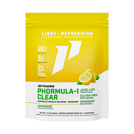 A yello and white package of Phormula-1 Clear Whey Protein Isolate by 1StPhorm, with a lemonade flavor, highlighting its features such as being clear, having 22g of protein, being gluten-free, lactose-free, and having no carbs, fat, or sugar.