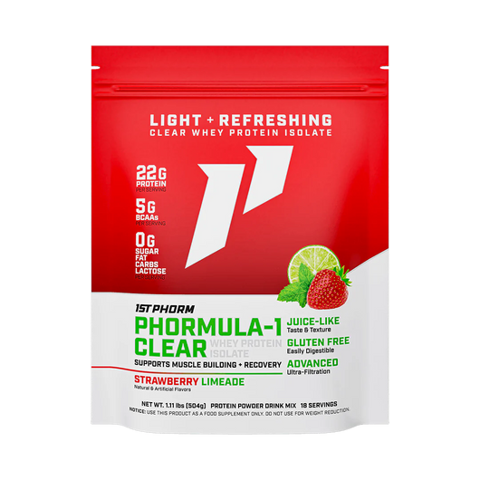A red and white package of Phormula-1 Clear Whey Protein Isolate by 1StPhorm, with a strawberry limeade flavor, highlighting its features such as being clear, having 22g of protein, being gluten-free, lactose-free, and having no carbs, fat, or sugar.