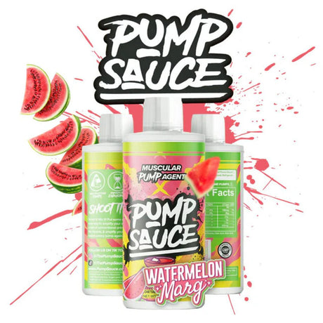 Pump Sauce watermelon margarita supplement with watermelon slices on a colorful background