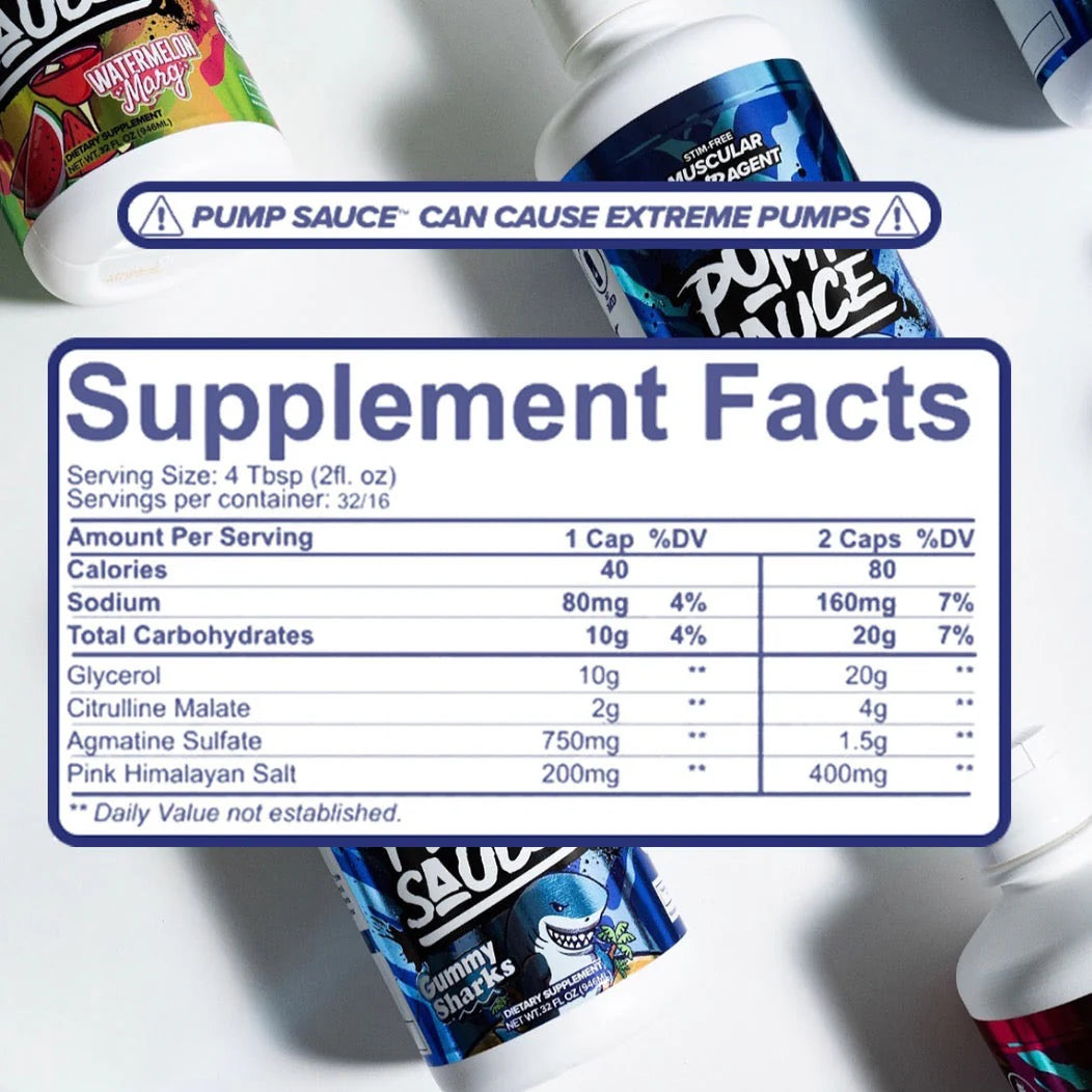 Supplement facts label with pump sauce containers in the background