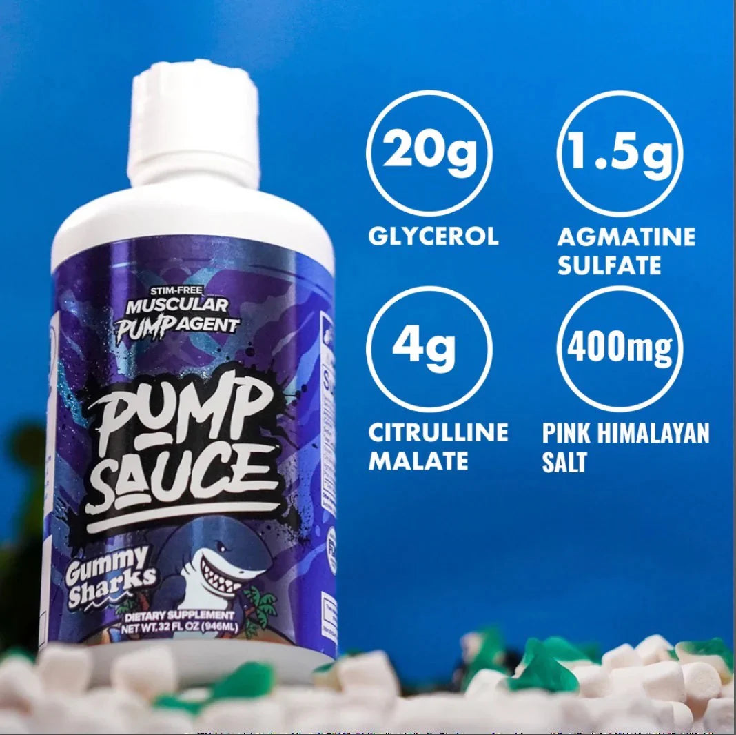 Bottle of Pump Sauce with nutritional information in Gummy Shark Flavor