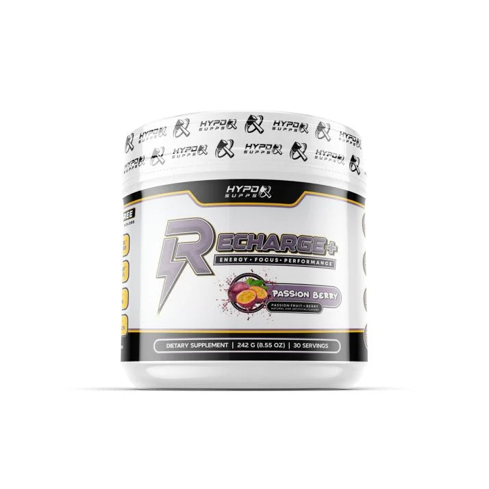 Supplement container labeled Hypd Supps Recharge+ Energy drink on a white background