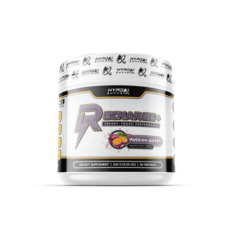 Supplement container labeled Hypd Supps Recharge+ Energy drink on a white background