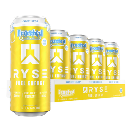 Frosted Lemonade RYSE energy drink cans on a white background