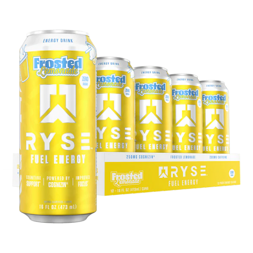 Frosted Lemonade RYSE energy drink cans on a white background