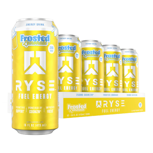 Frosted Lemonade RYSE energy drink cans on a white background
