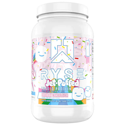 Ryse Jet Puffed  Birthday Cake Flavor Protein container 