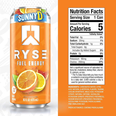 Sunny D Ryse Fuel Energy drink can with nutrition facts label on an orange background