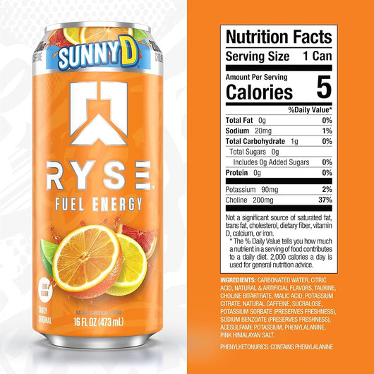 Sunny D Ryse Fuel Energy drink can with nutrition facts label on an orange background