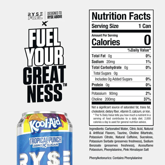 Kool-Aid RYSE Fuel can with nutrition facts label on a white background