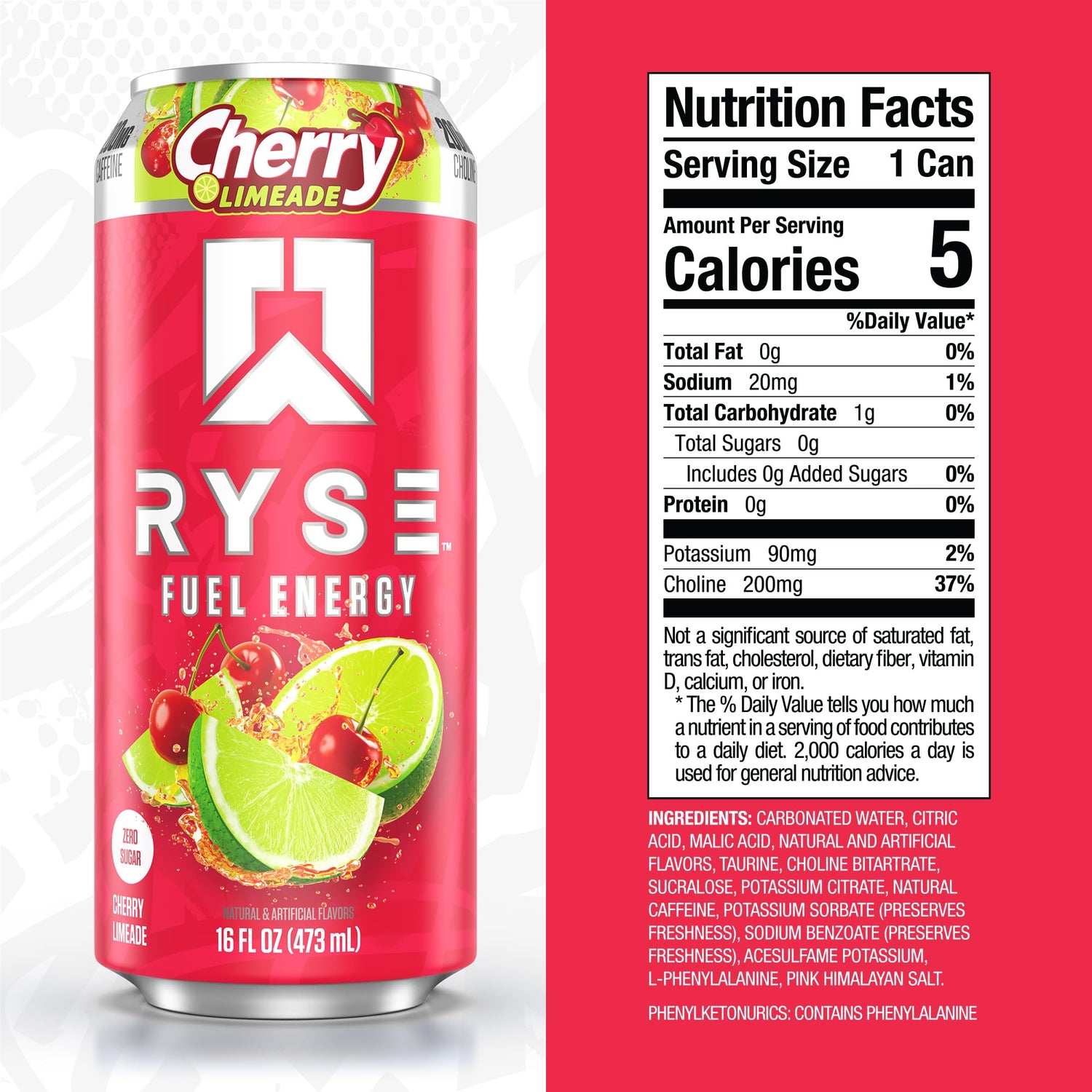 RYS Energy Drink can with cherry limeade flavor on a red background