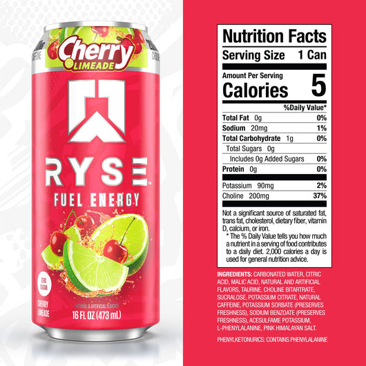 RYS Energy Drink can with cherry limeade flavor on a red background