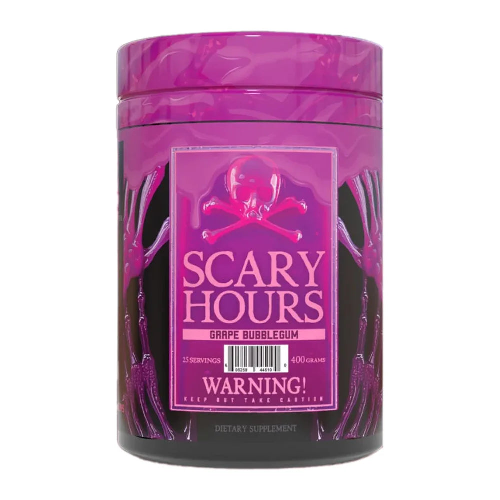 Purple container of 'Scary Hours' grape bubblegum flavor Pre-workout Powder supplement on a white background