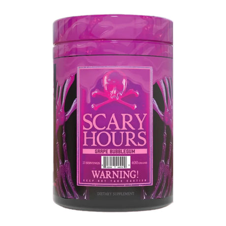 Purple container of 'Scary Hours' grape bubblegum flavor Pre-workout Powder supplement on a white background
