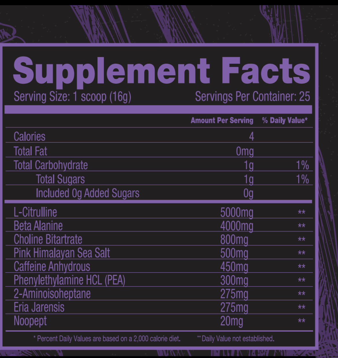 Scary Hours Pre Workout Supplement facts label for Grape Bubblegum Flavor with various ingredients and their amounts on a black background.