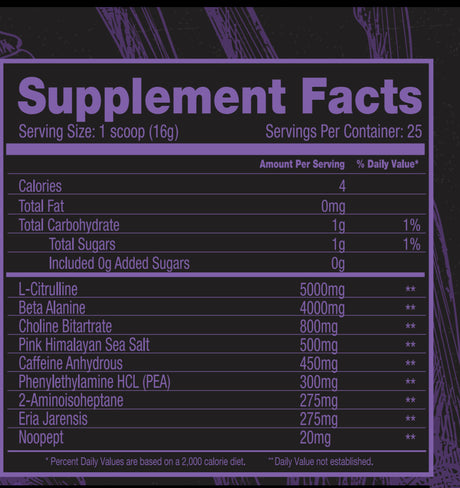 Scary Hours Pre Workout Supplement facts label for Grape Bubblegum Flavor with various ingredients and their amounts on a black background.