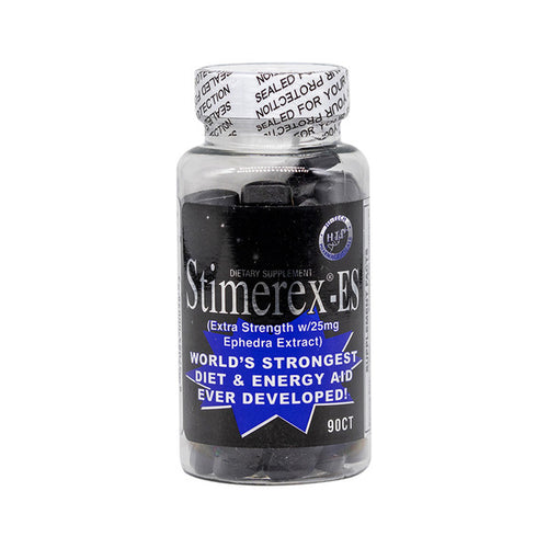Bottle of Stimerex-ES dietary supplement with black label on a white background