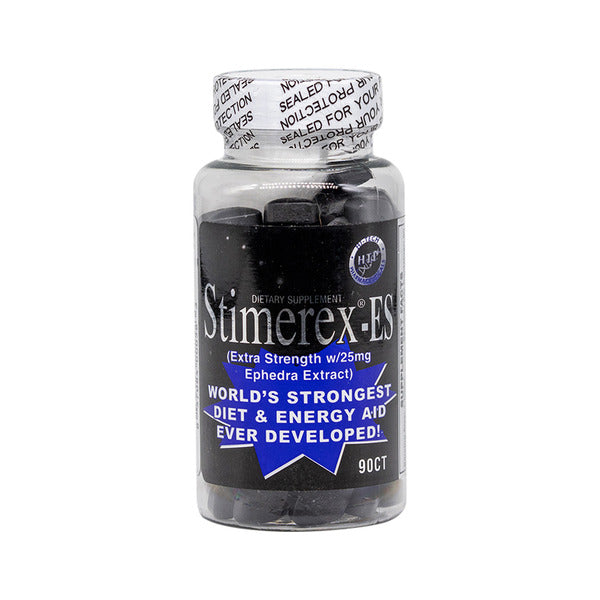 Bottle of Stimerex-ES dietary supplement with black label on a white background