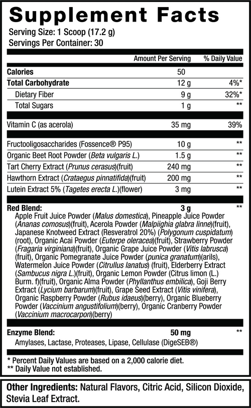 Sweat Ethic Muti Reds with Fiber and Beet Root ingredients and nutrition panel