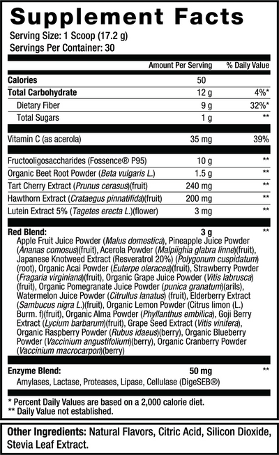 Sweat Ethic Muti Reds with Fiber and Beet Root ingredients and nutrition panel