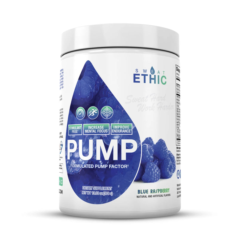 Blue Raspberry Sweat Ethic Pump stim-free pre-workout powder tub