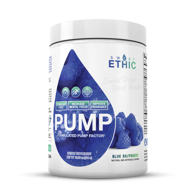 Blue Raspberry Sweat Ethic Pump stim-free pre-workout powder tub