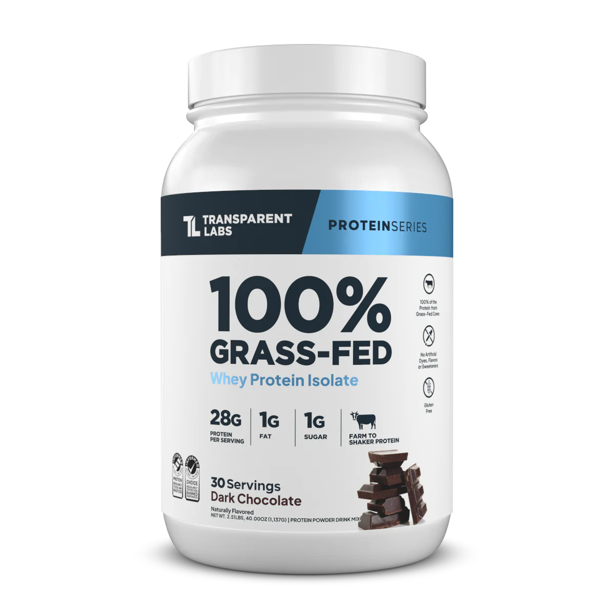 Transparent Labs Grass-Fed Whey Protein Isolate — 28g Protein, Clean Ingredients (30 Servings)