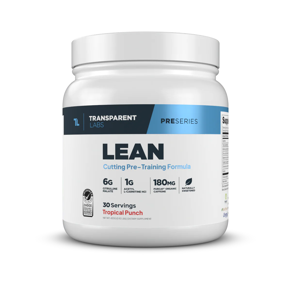 Transparent Labs Lean Pre-Workout Supplement – Front Label View of Clean Cutting Formula