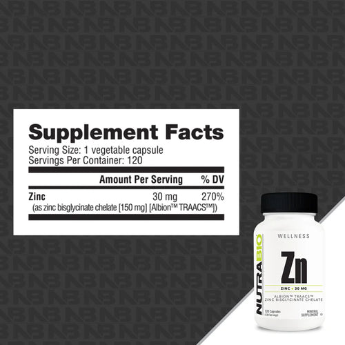 NutraBio Zinc Chelate 30 mg TRAACS zinc bisglycinate 120 capsules Ingredient and facts panel