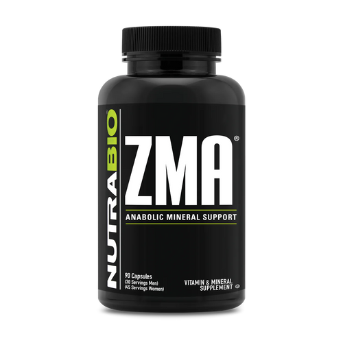 A black bottle of Nutra Bio ZMA Anabolic Mineral Support, which is a dietary supplement containing Zinc, Magnesium, and Vitamin B6.