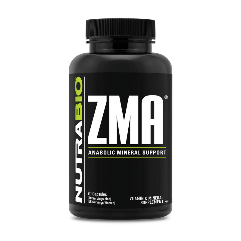 A black bottle of Nutra Bio ZMA Anabolic Mineral Support, which is a dietary supplement containing Zinc, Magnesium, and Vitamin B6.