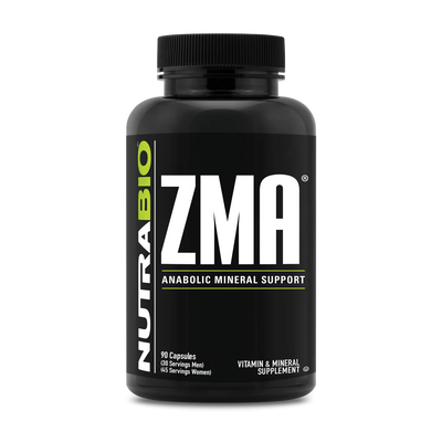 A black bottle of Nutra Bio ZMA Anabolic Mineral Support, which is a dietary supplement containing Zinc, Magnesium, and Vitamin B6.